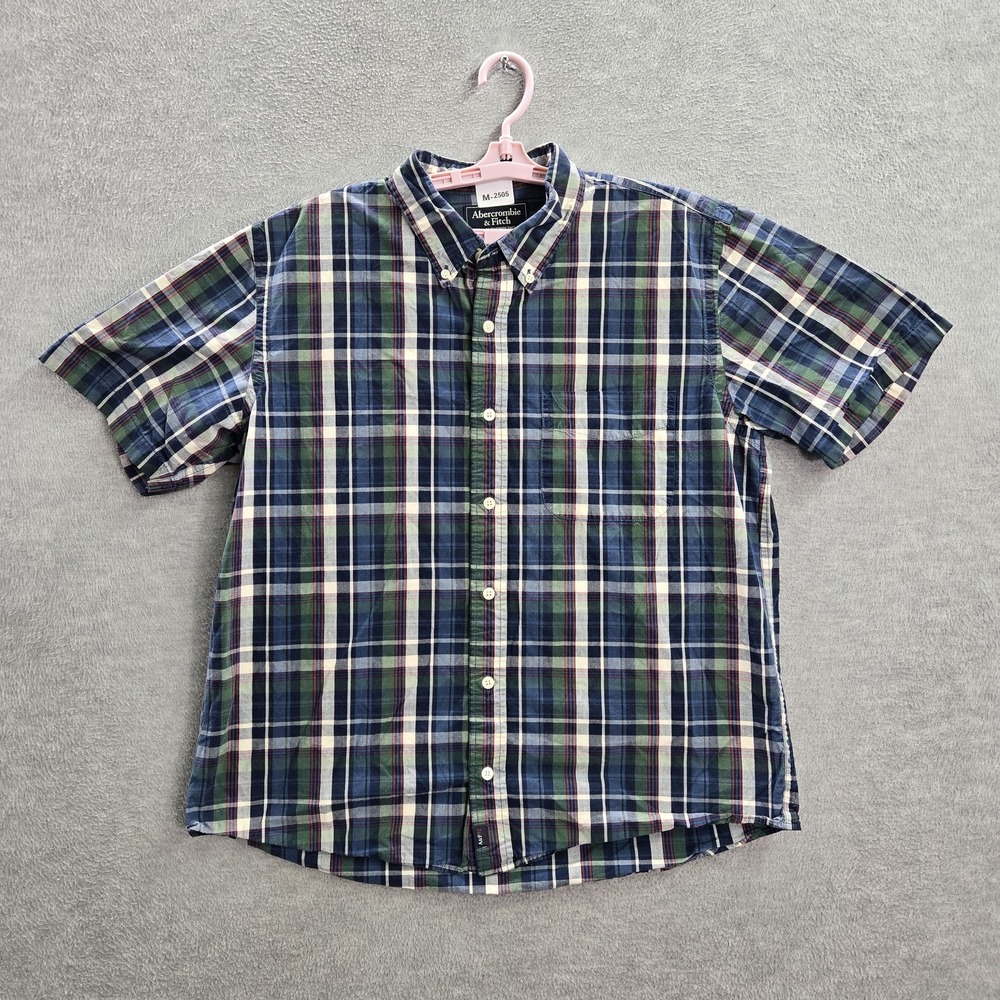 Abercrombie‎ & Fitch Men Button Up Shirt L Navy Plaid Classic Muscle Y2K